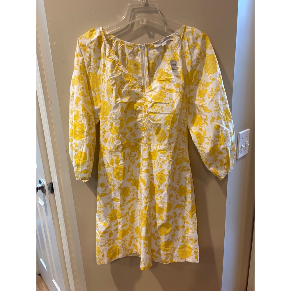 LOFT Yellow White Floral Puff Sleeve Cotton Mini Dress 38675317 Size 4 NEW